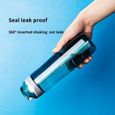 blue Virtuzen sport water bottle with a grey and teal cap